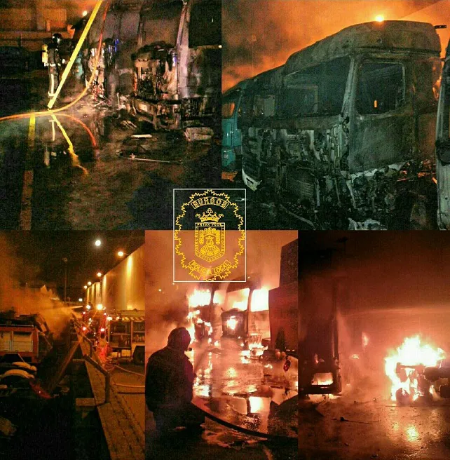 Incendio de 8 camiones y un autobús en la carretera de Logroño