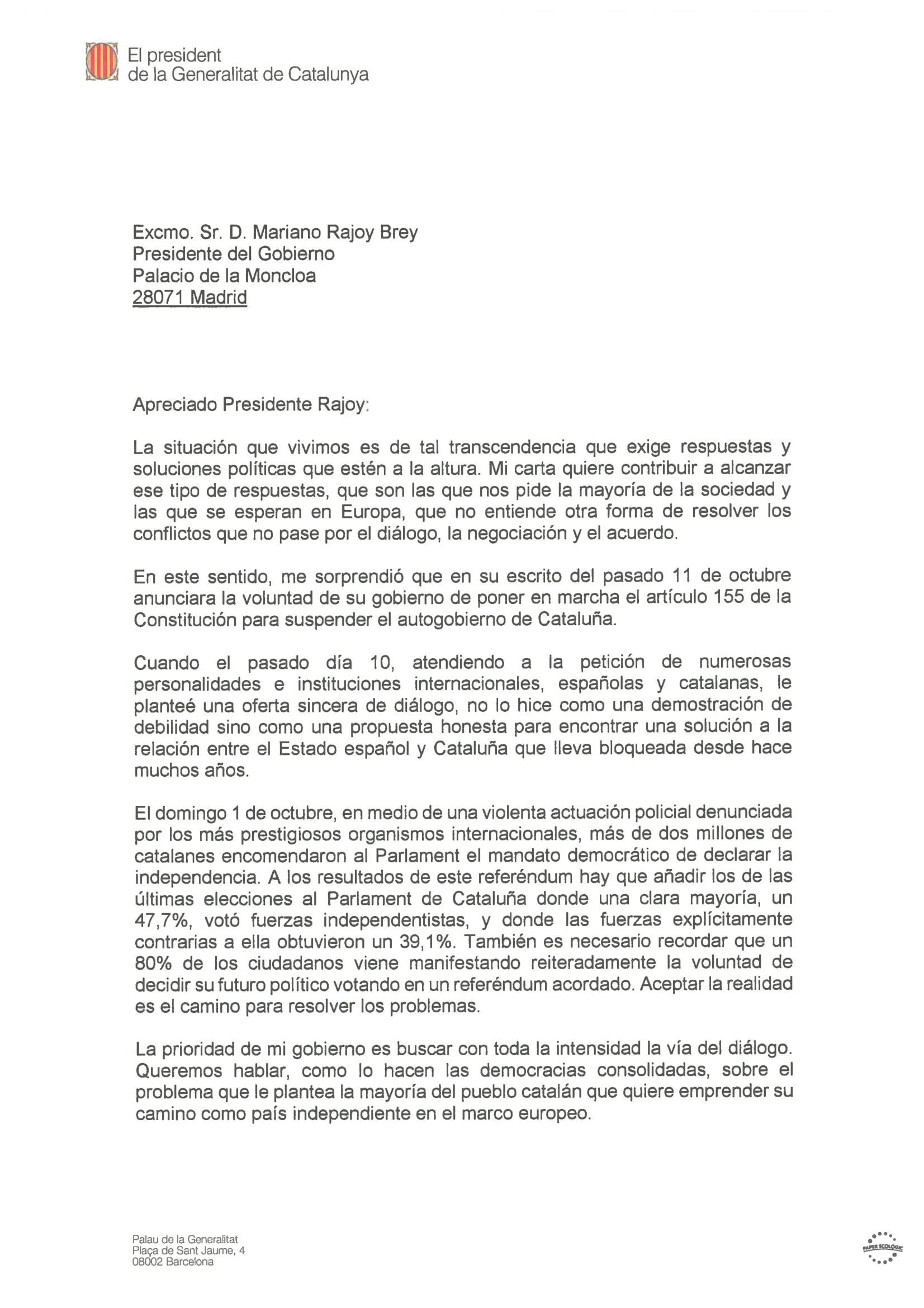 Actualidad Burgos: Carta de Carles Puigdemont a Mariano Rajoy