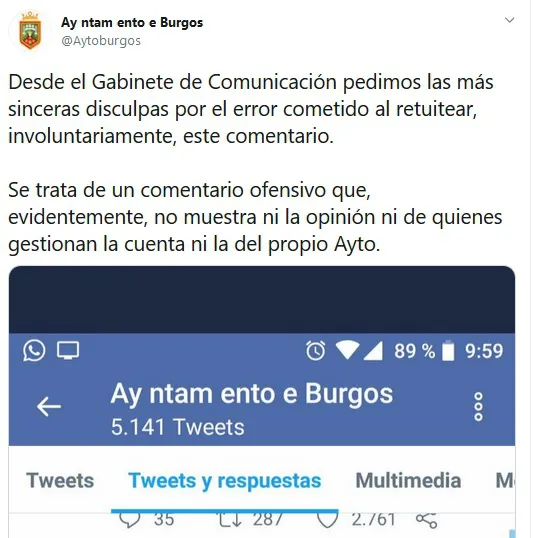 El Ayuntamiento de Burgos investiga ahora las causas de retuit publicado en la cuenta institucional