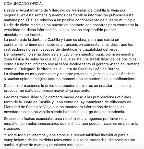El Ayuntamiento de Villarcayo desmiente que la localidad vaya a ser confinada