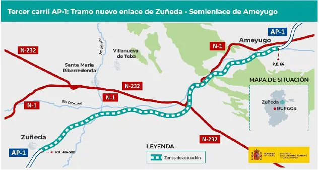Mitma adjudica por 1,5 millones de euros la redacción del proyecto de terceros carriles en la autopista AP-1, entre el nuevo enlace de Zuñeda y el semienlace de Ameyugo