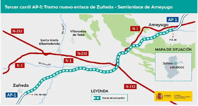 Mitma formaliza por 1,5 millones de euros el contrato para redactar el proyecto del tercer carril en la AP-1 entre Zuñeda y Ameyugo