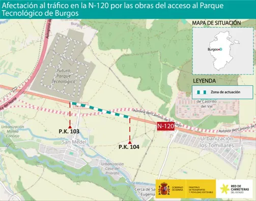 Corte en la carretera N-120 en el acceso al Parque Tecnológico de Burgos