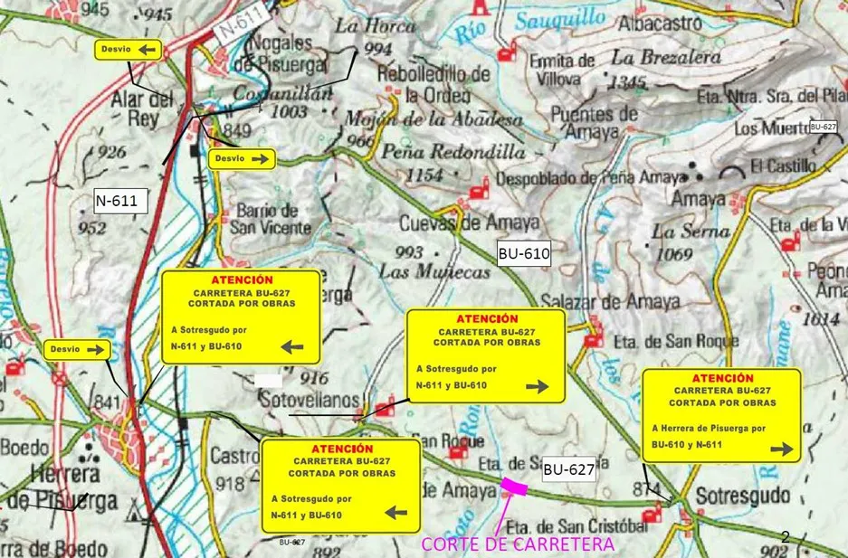 Corte de la carretera BU-627 correspondiente a la travesía de Cañizar de Amaya (Burgos)