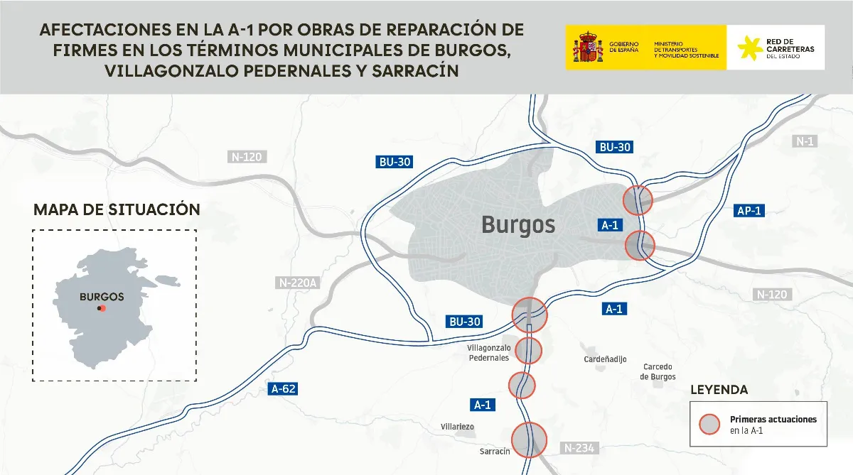 Arrancan las obras de rehabilitación en la A-1 a su paso por Burgos con cortes parciales hasta noviembre