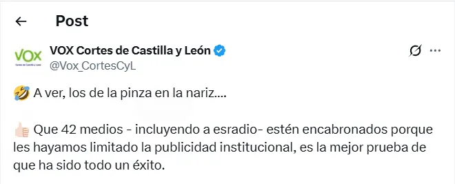 Vox se ríe de los medios de comunicación afectados por su Ley de Publicidad regional