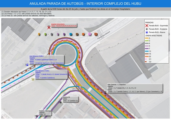 Diez líneas de autobús cambian de parada por las obras en el HUBU