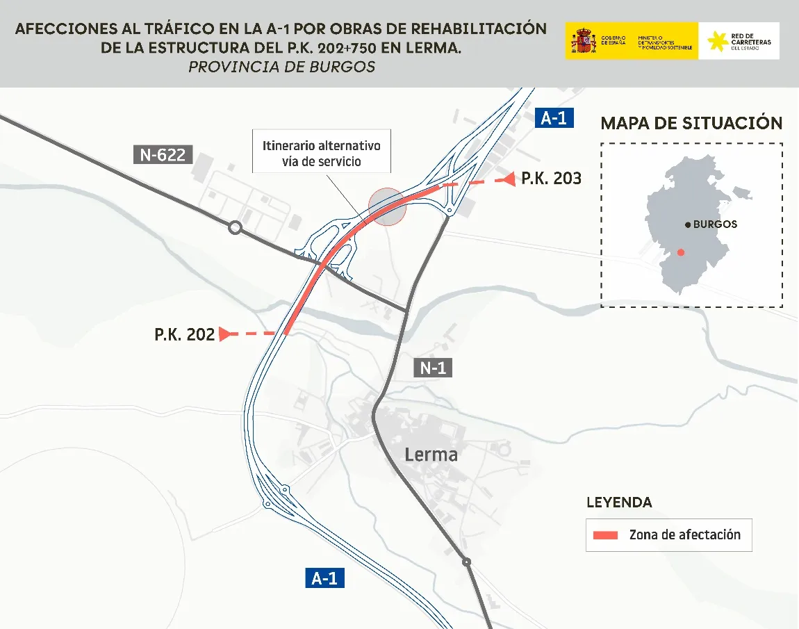 La A-1 se cortará durante más de dos meses en Lerma por las obras de rehabilitación de un puente